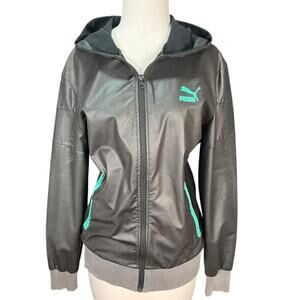Puma Metallic Gray Hooded Jacket Womens Small Athletic Zip Windbreaker Y2K 90s